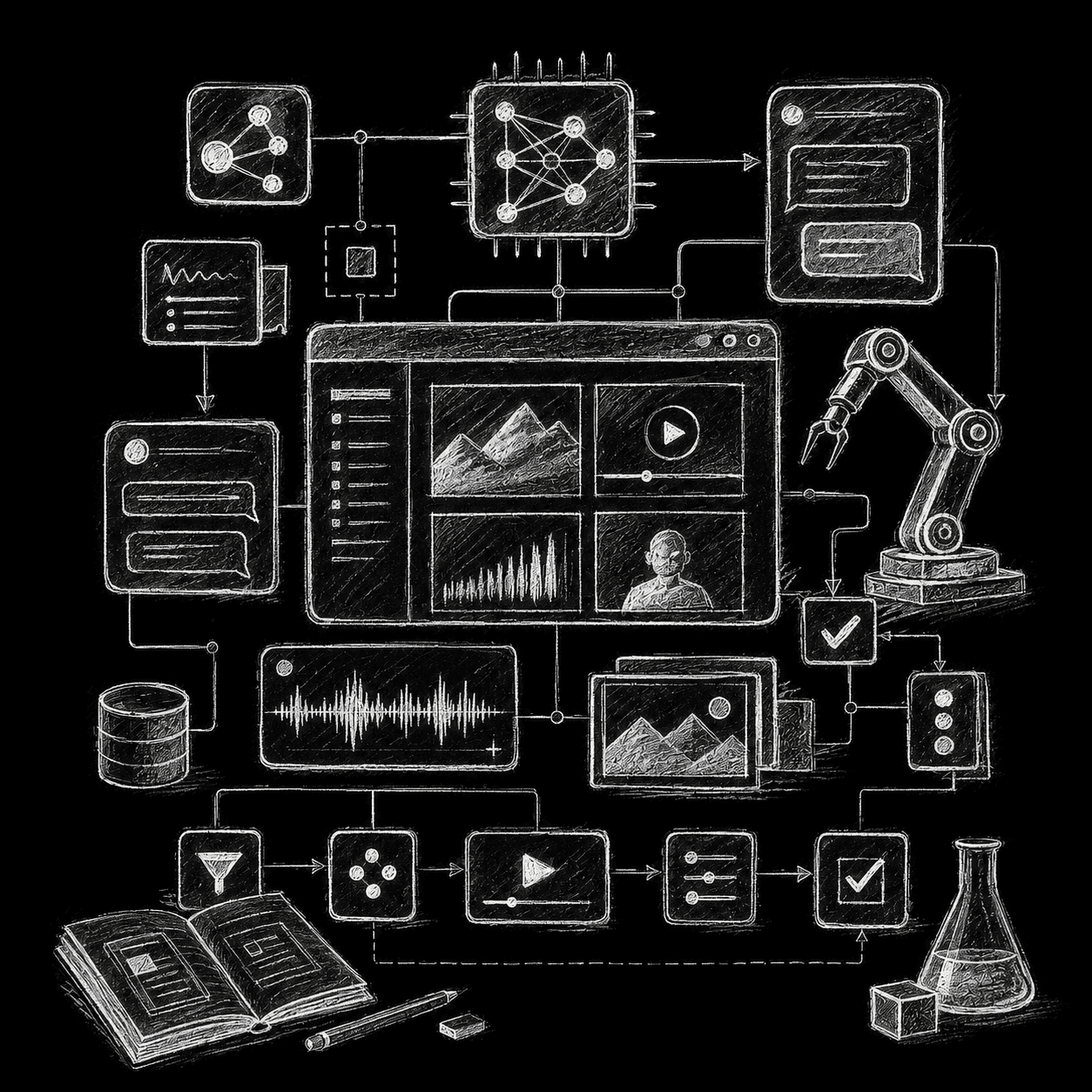 Sketched system diagram: neural network, data pipeline, media browser, automation arm and flow steps