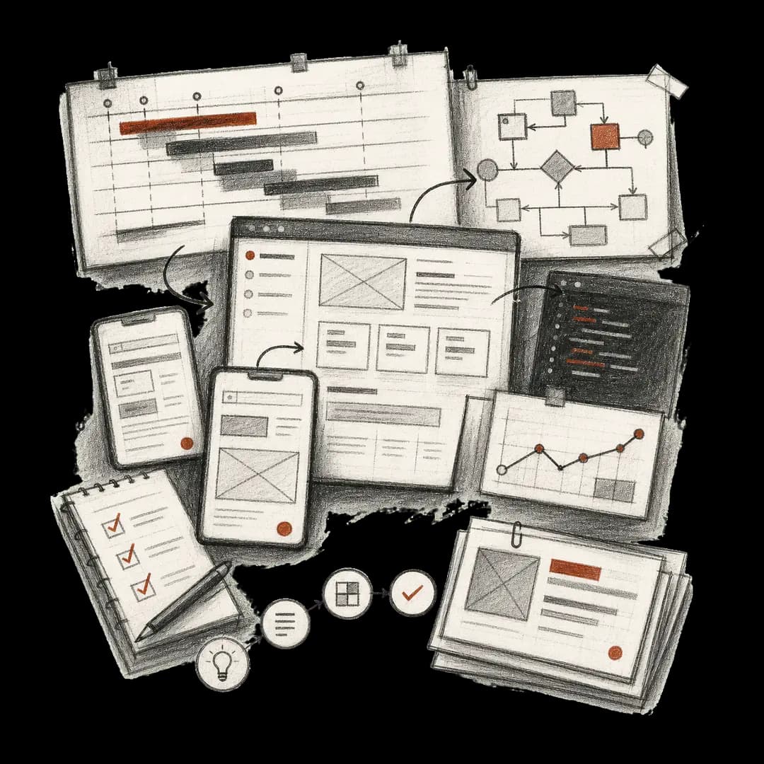 Sketched workflow: timeline, flowchart, wireframes, code and analytics